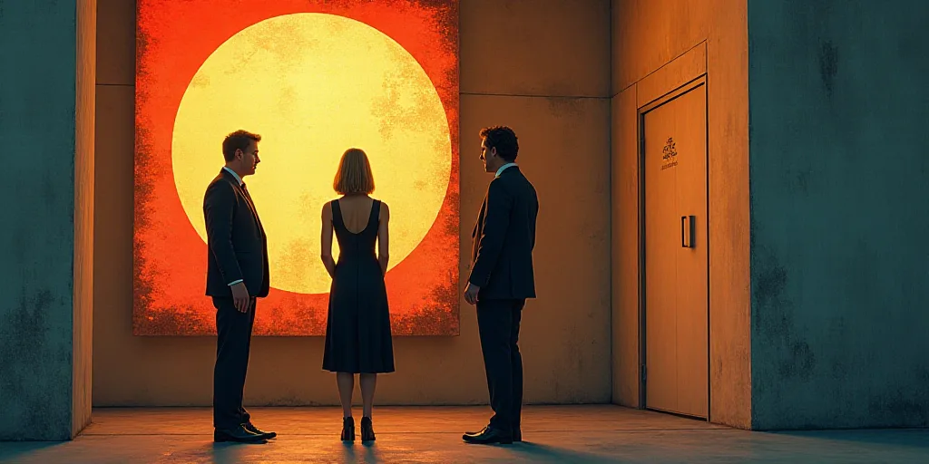 three people standing next to a sign in a building with a sun on it and a man in a suit, Elizabeth P