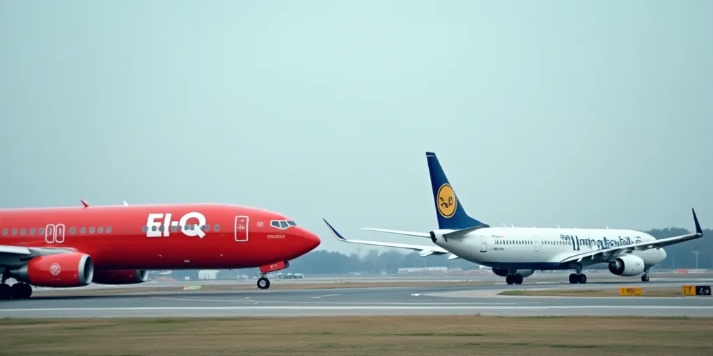 two airplanes are on the runway at the airport, one is red and the other is blue and white, Ei-Q, tu