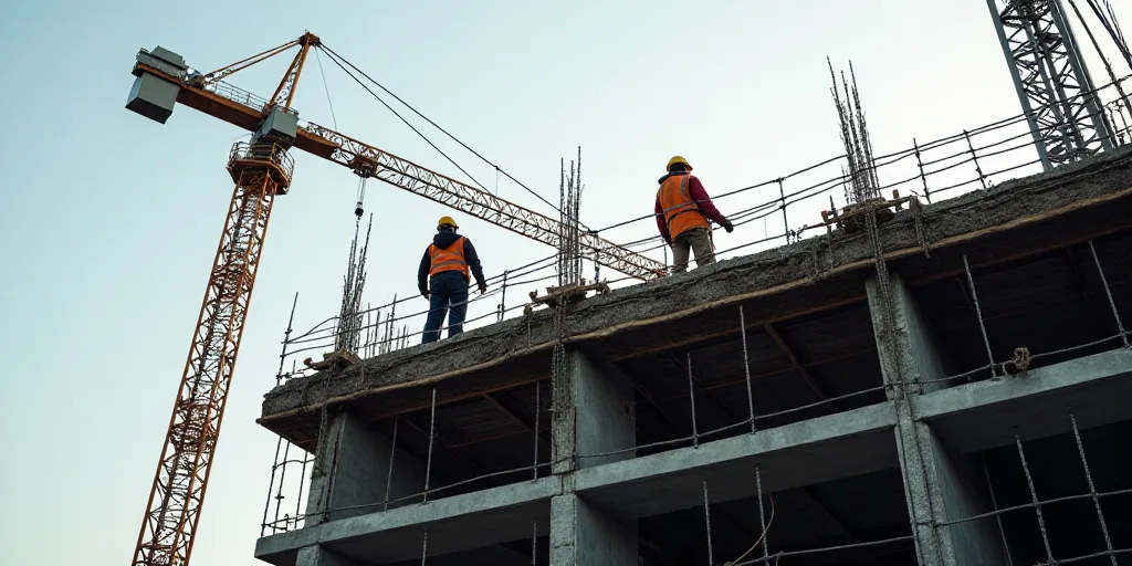 two construction workers are working on a building under construction with a crane in the background