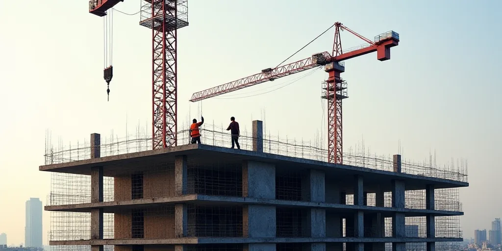 two construction workers are working on a building under construction with a crane in the background
