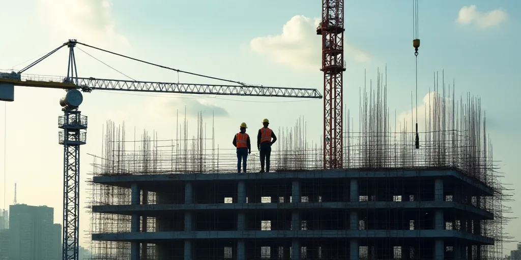 two construction workers are working on a building under construction with a crane in the background