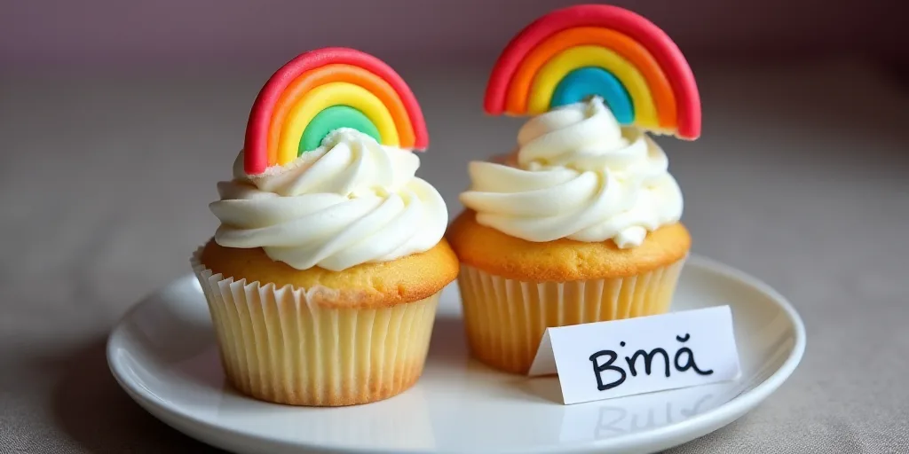 two cupcakes with white frosting and a rainbow topper on a plate with a name tag, Florianne Becker,