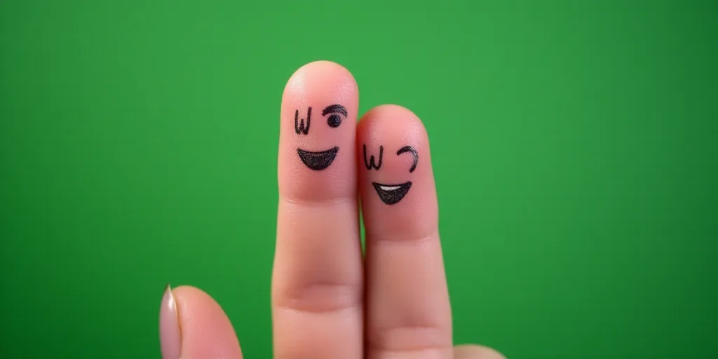 two fingers with drawn faces on them with the words w and w on them, with a green background, Andrie