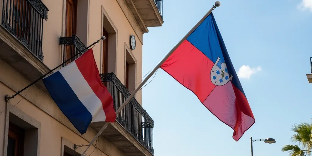 two flags are hanging from a building with a clock on it's side and a flag on the other side, Aquira
