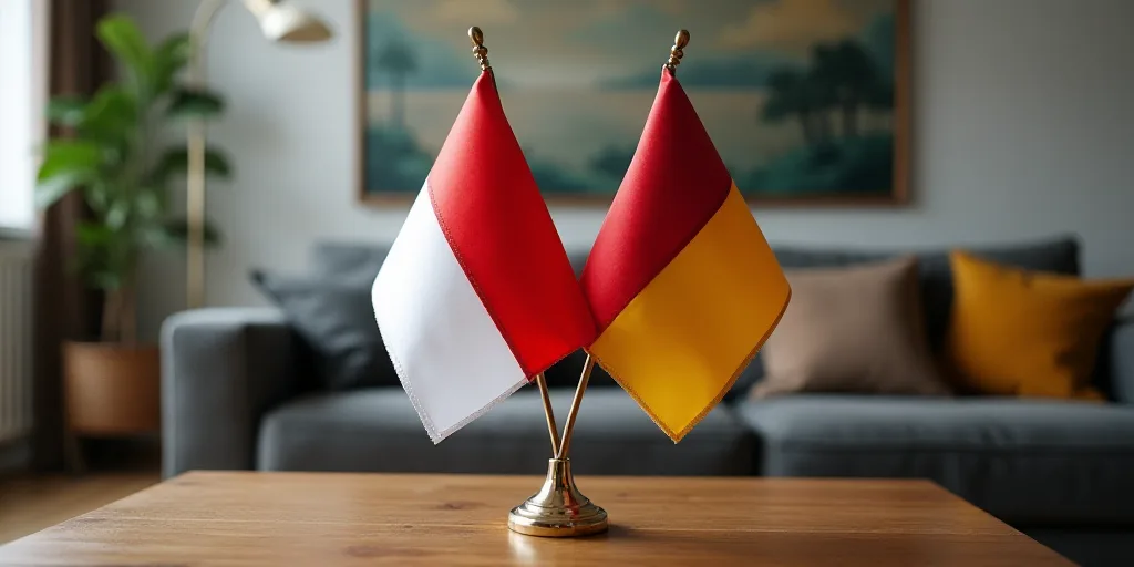 two flags are placed on a table in front of a couch and a coffee table with a couch behind it, Brend