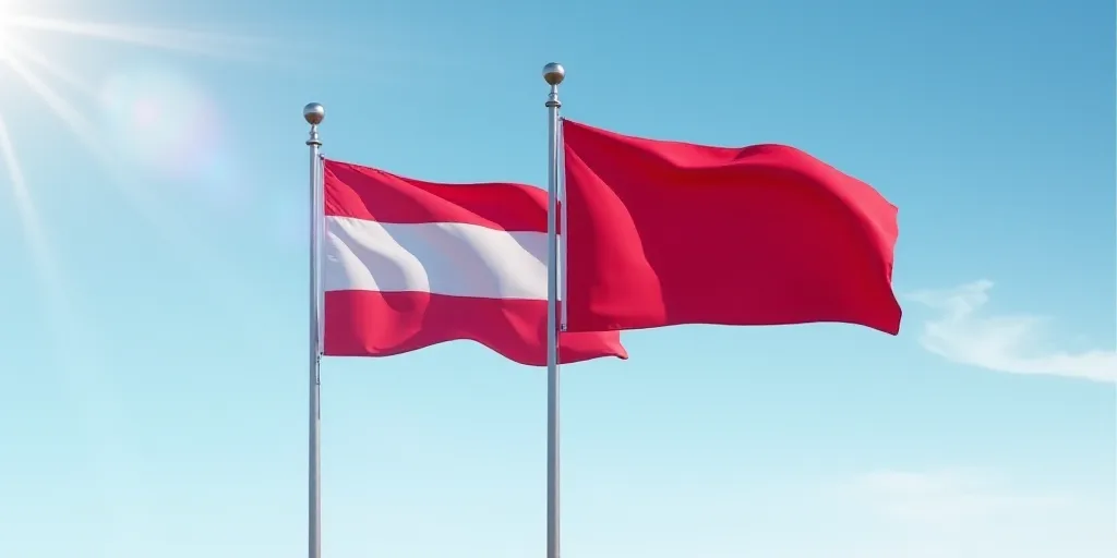two flags flying in the wind on a clear day with a blue sky in the background and a red one in the f