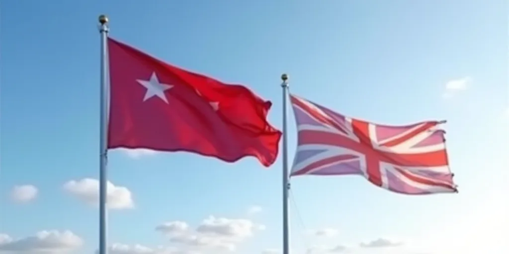 two flags flying in the wind on a clear day with a blue sky in the background and a red one in the f