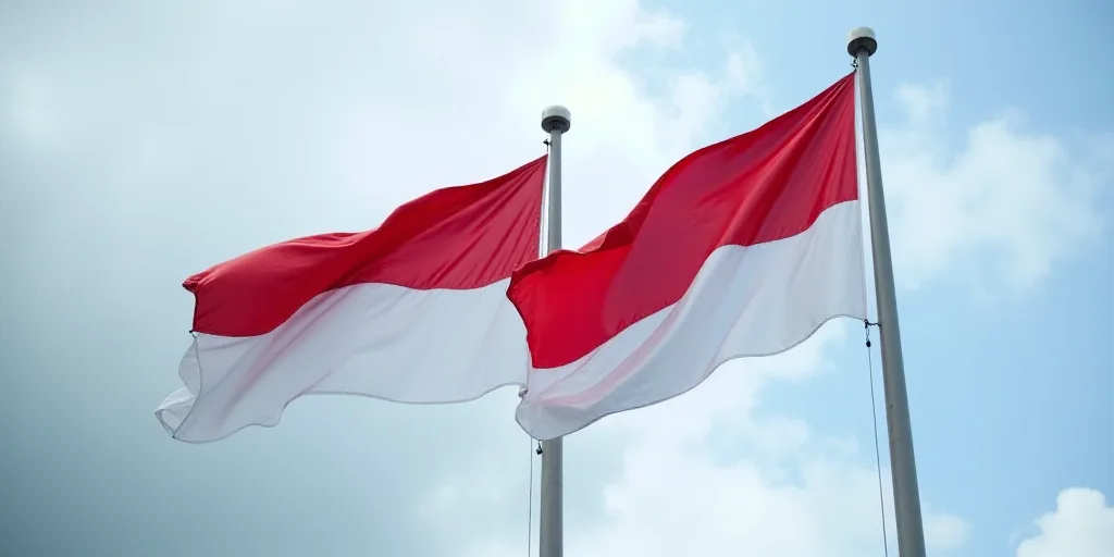 two flags flying in the wind on a cloudy day with a blue sky in the background and a white and red o