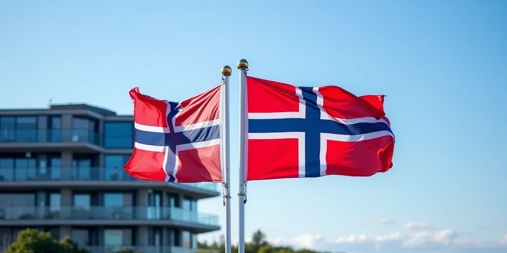 two flags flying in the wind on a sunny day with a building in the background and a blue sky, Erik O