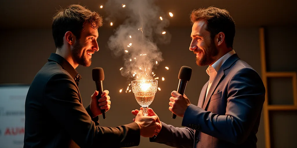 two men are shaking hands while one holds a trophy in his hand and the other holds a microphone in h