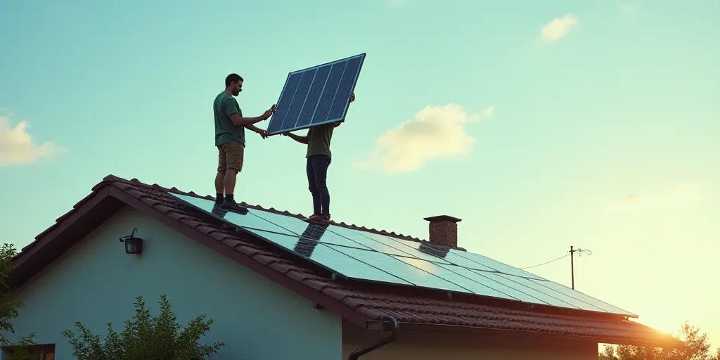 two men are standing on a roof with solar panels on it and one man is holding a panel up to the roof