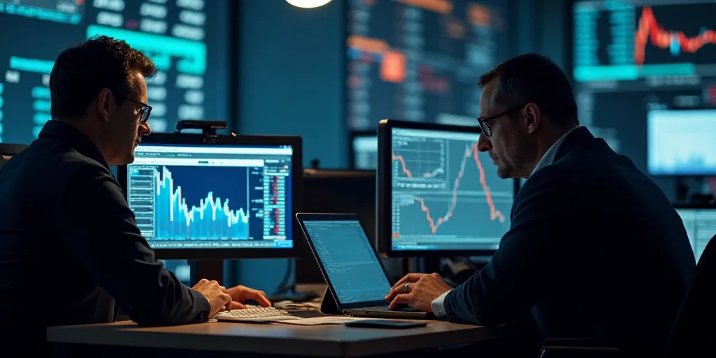 two men in a trading room looking at monitors and a phone screen with a stock market trader on it, D