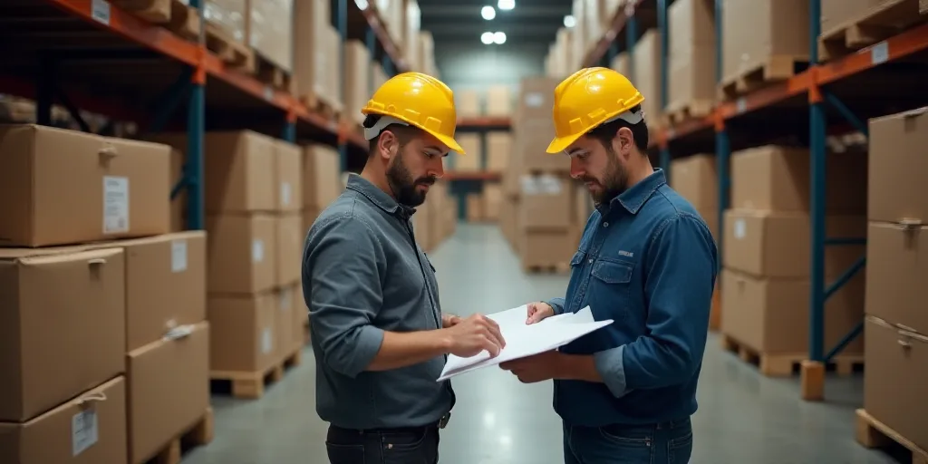 two men in hard hats are looking at a piece of paper in a warehouse with pallets of boxes, Enguerran