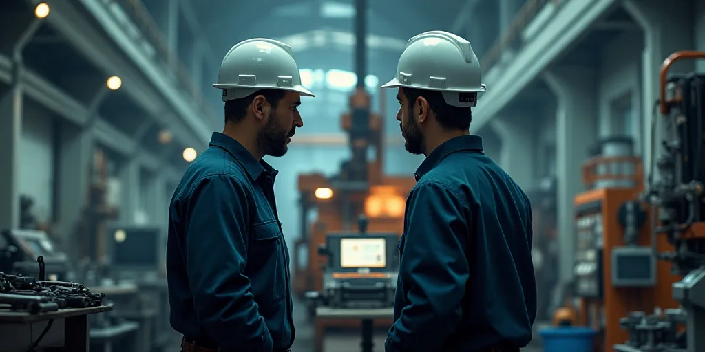 two men in hard hats look at a piece of equipment in a factory with a machine in the background, Dah