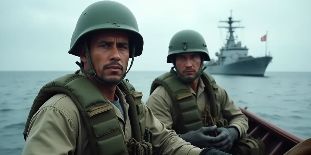 two men in military gear are in a boat on the water near a large ship in the background,, Estuardo M