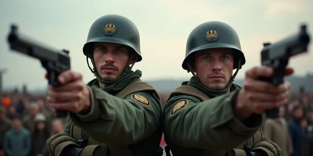 two men in military gear holding guns in their hands and aiming them at something in the air with a