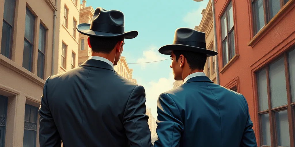 two men in suits and hats standing next to each other in a city street with tall buildings in the ba