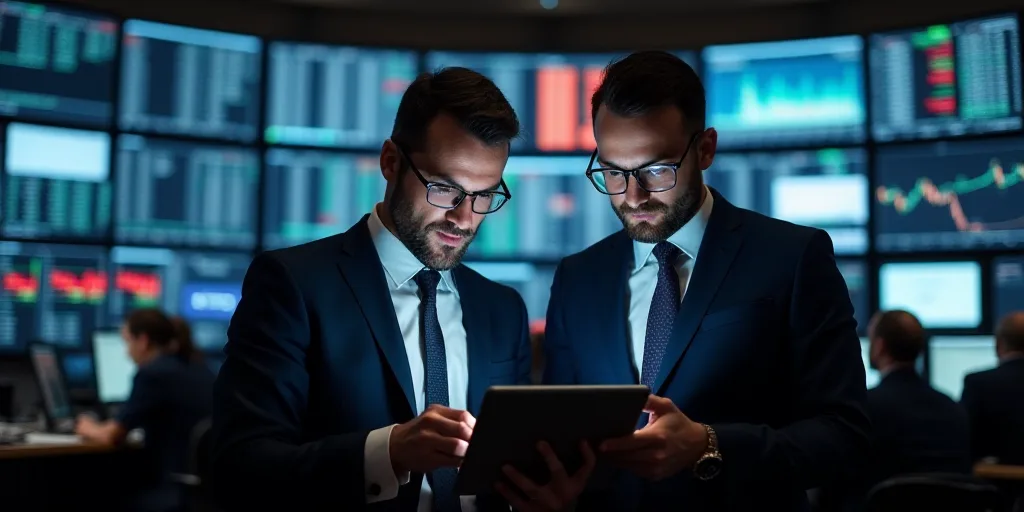 two men in suits and ties are looking at a tablet screen in a trading room with multiple screens on