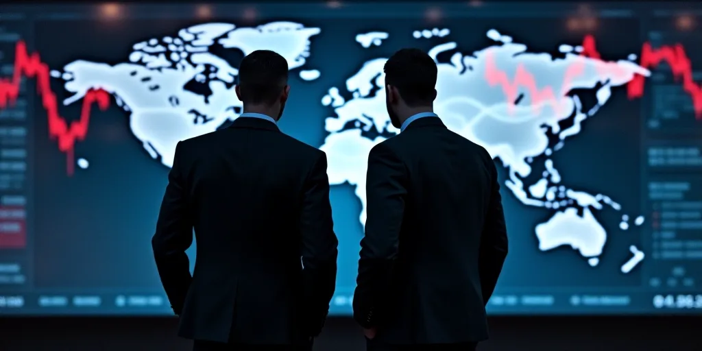 two men in suits and ties are standing in front of a stock market display with a world map in the ba