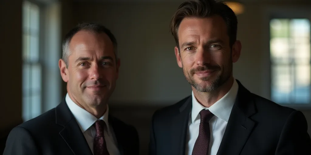 two men in suits and ties one is looking at the camera and the other is looking at the camera, Don A