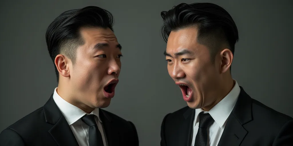 two men in suits and ties one is making a face and the other is making a face with his mouth open, D