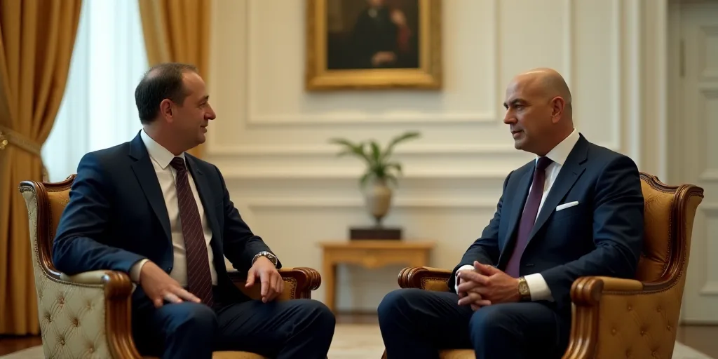 two men in suits and ties sitting in chairs talking to each other in a room with gold and white wall