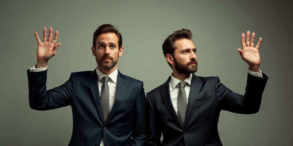 two men in suits and ties standing next to each other with their hands up in the air and one of them