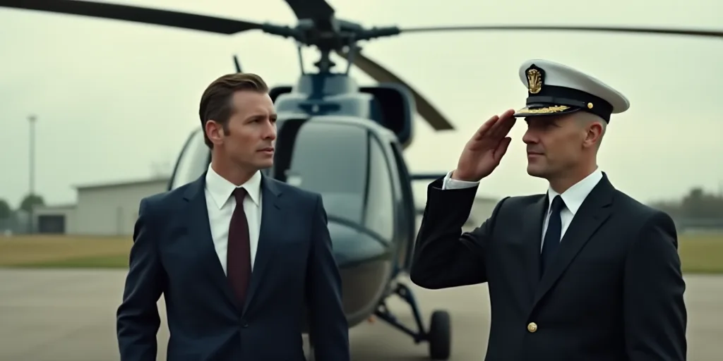 two men in suits and ties standing in front of a helicopter and a helicopter pilot in uniform saluti