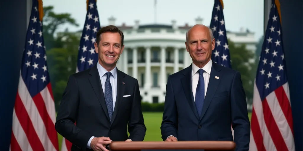 two men in suits and ties standing in front of a podium with a flag in the background and a white ho
