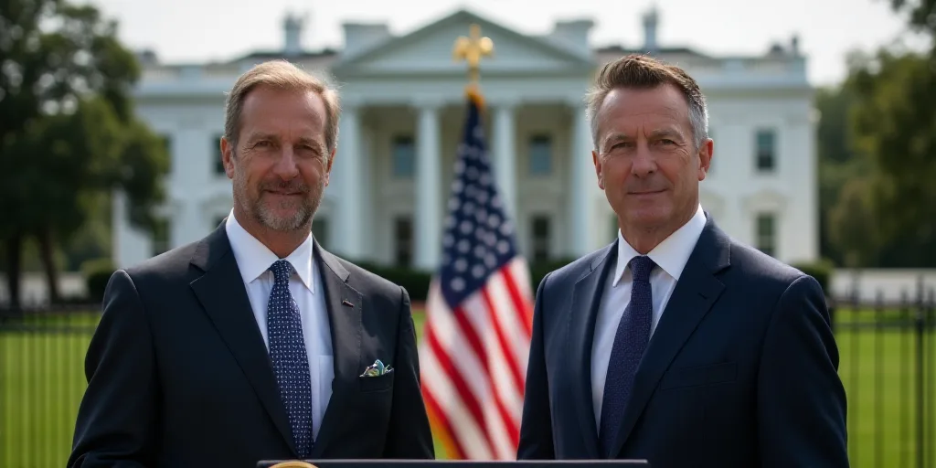 two men in suits and ties standing in front of a podium with a flag in the background and a white ho
