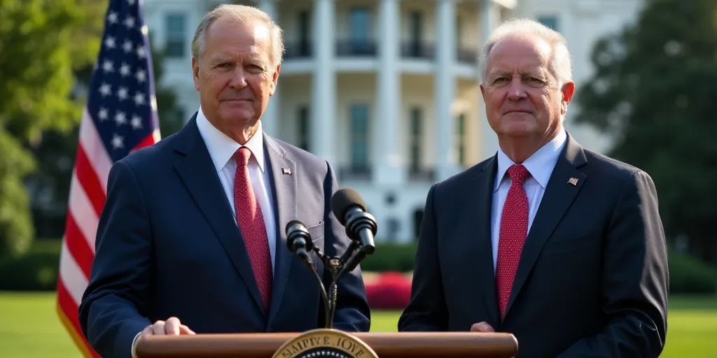 two men in suits and ties standing in front of a podium with a flag in the background and a white ho
