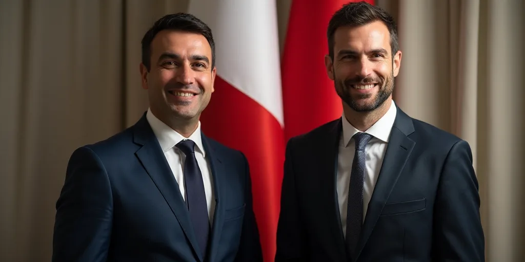 two men in suits and ties standing next to each other in front of a flag and a red and white flag, A