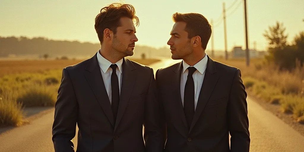 two men in suits and ties walking together outside in the sun, one of them is looking off to the sid
