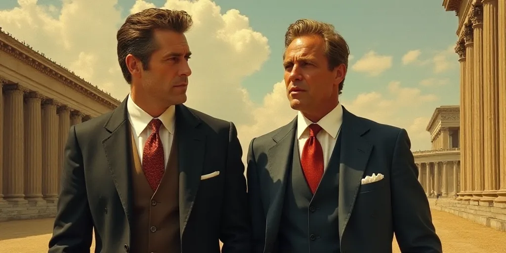 two men in suits and ties walking together outside in the sun, one of them is looking off to the sid