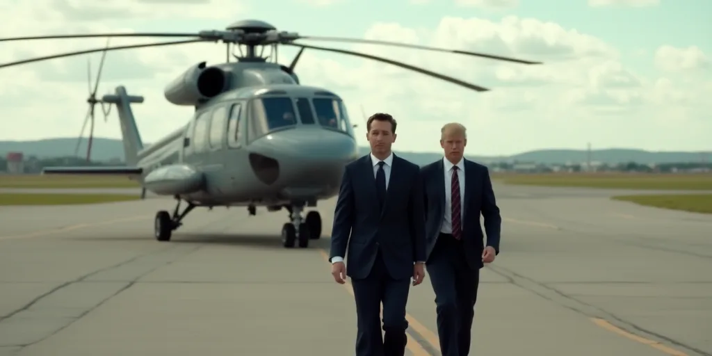 two men in suits and ties walking towards a helicopter with a man in a suit and tie in front of him,