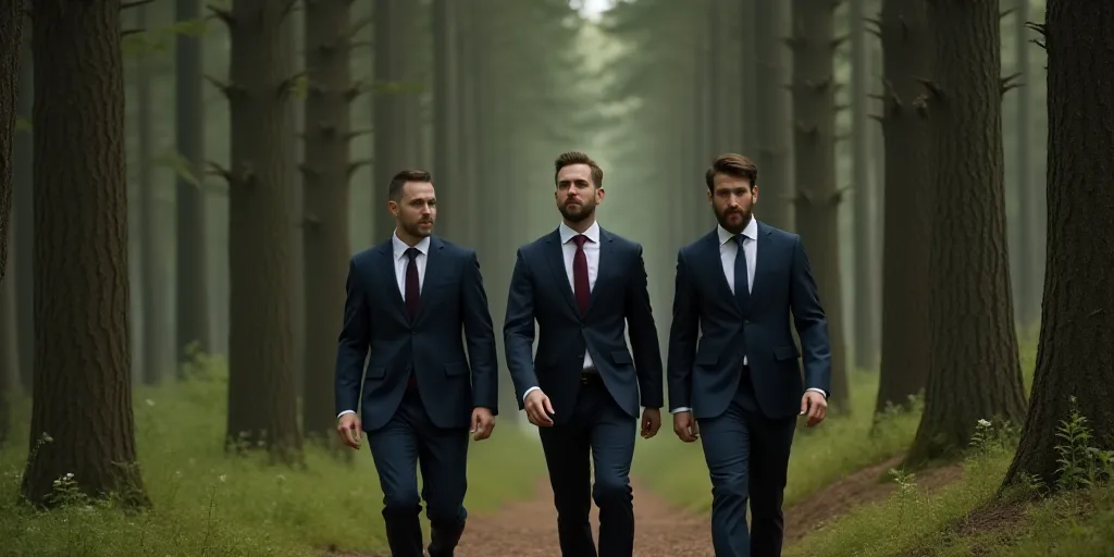 two men in suits and ties walking next to a man in a suit and tie in a forest with trees, Avgust Če