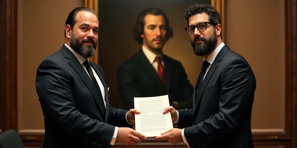 two men in suits holding a document in front of a painting of a man in a suit and tie, Diego Velázq