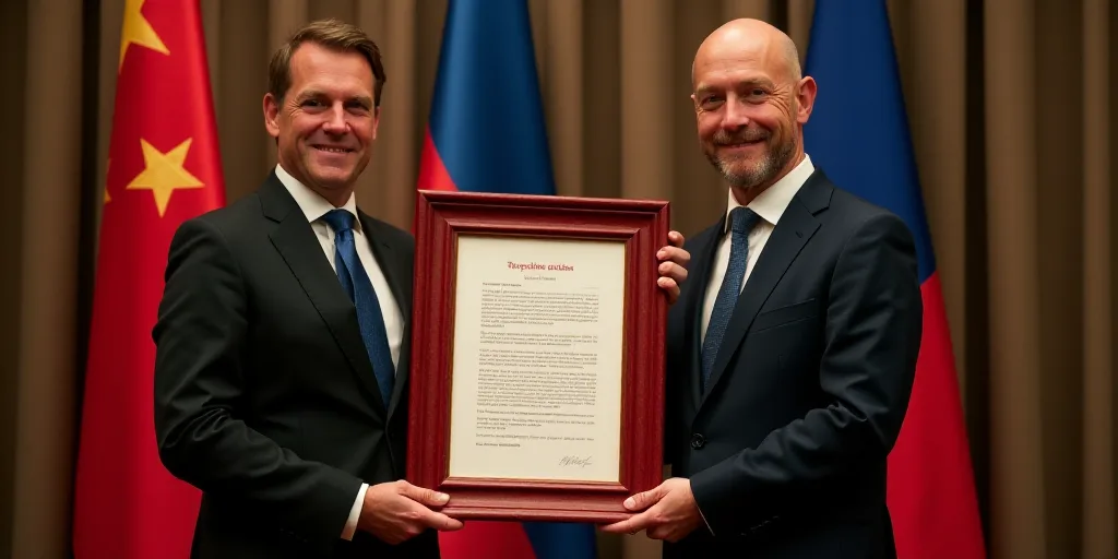 two men in suits holding a red framed document in front of them with flags in the background and a c