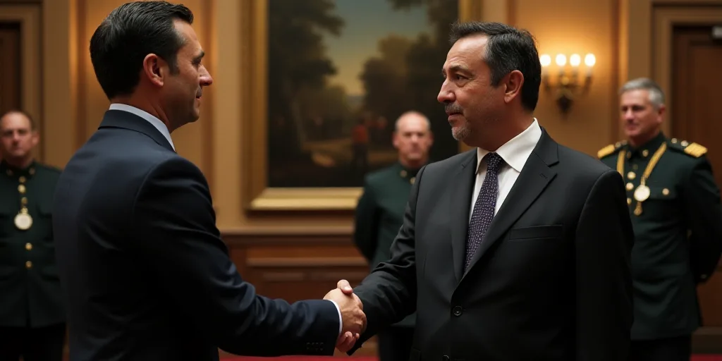 two men in suits shaking hands in a room with other men in uniform in the background and a painting