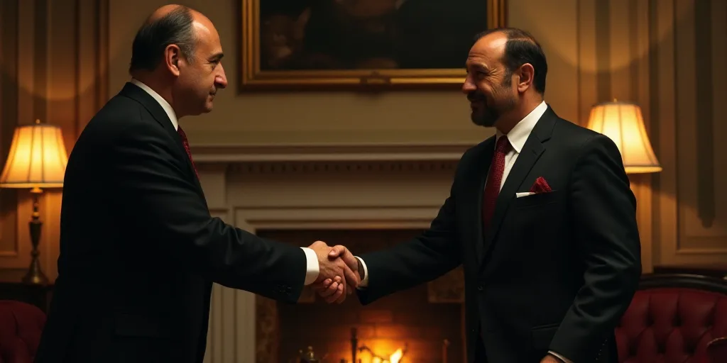 two men in suits shaking hands in a room with a fireplace and a fireplace man in a suit and tie, Edw