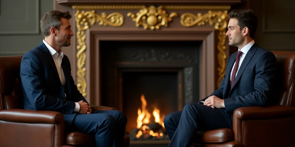 two men in suits sitting in chairs talking to each other in front of a fireplace with gold decoratio