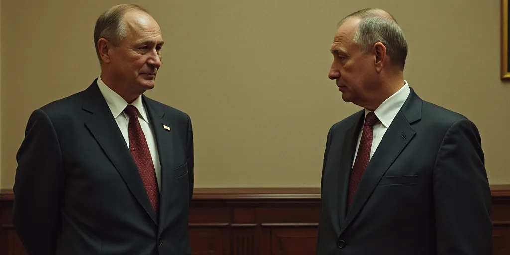 two men in suits standing next to each other in front of a wall with a microphone in it's ear, Boris