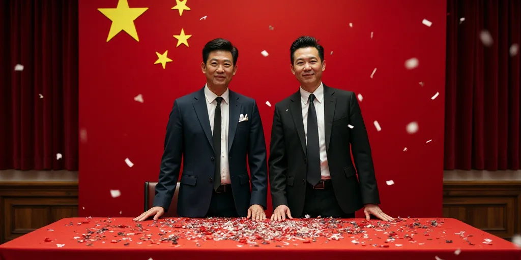 two men in suits standing next to a table with flags on it and confetti falling from the top of the