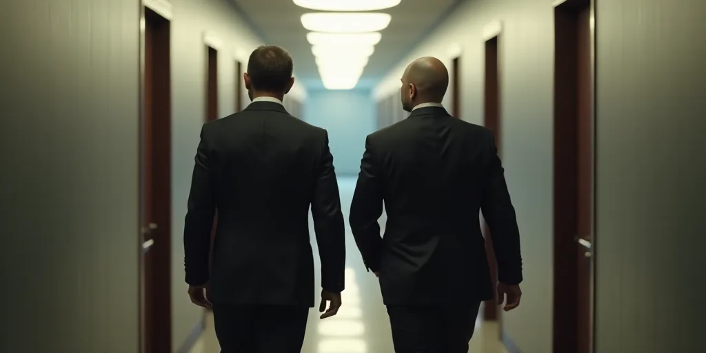two men in suits walking down a hallway together, one of them is wearing a suit and the other is a t