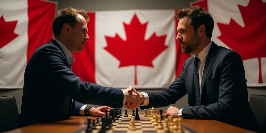 two men shaking hands in a room with canadian flags on the walls and a chess board on the floor, And