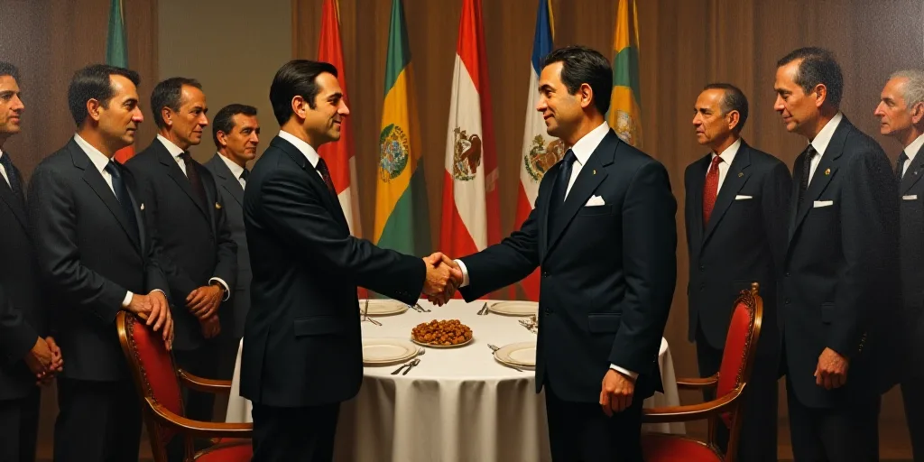 two men shaking hands in front of flags and other people in suits and ties standing around a table w