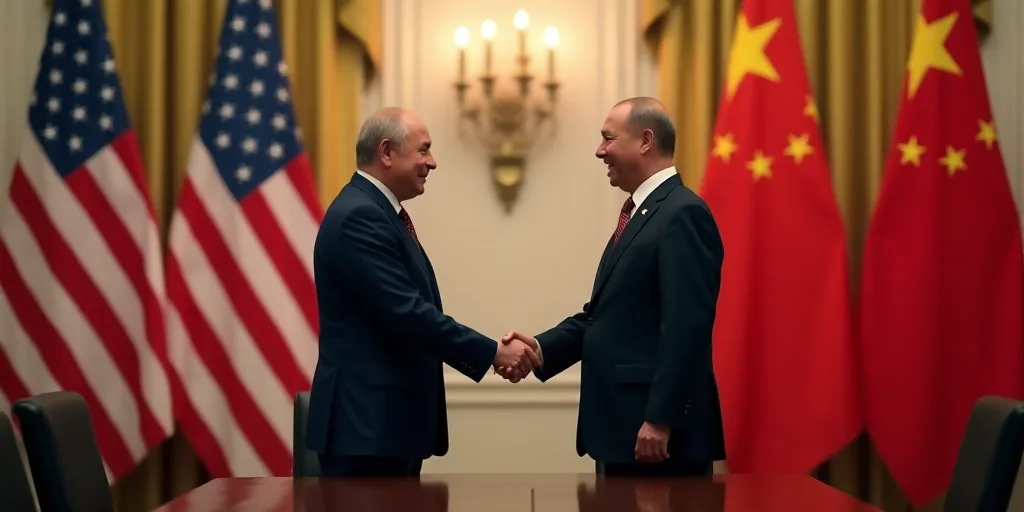 two men shaking hands in front of flags of usa and china in a meeting room at the white house, Boris