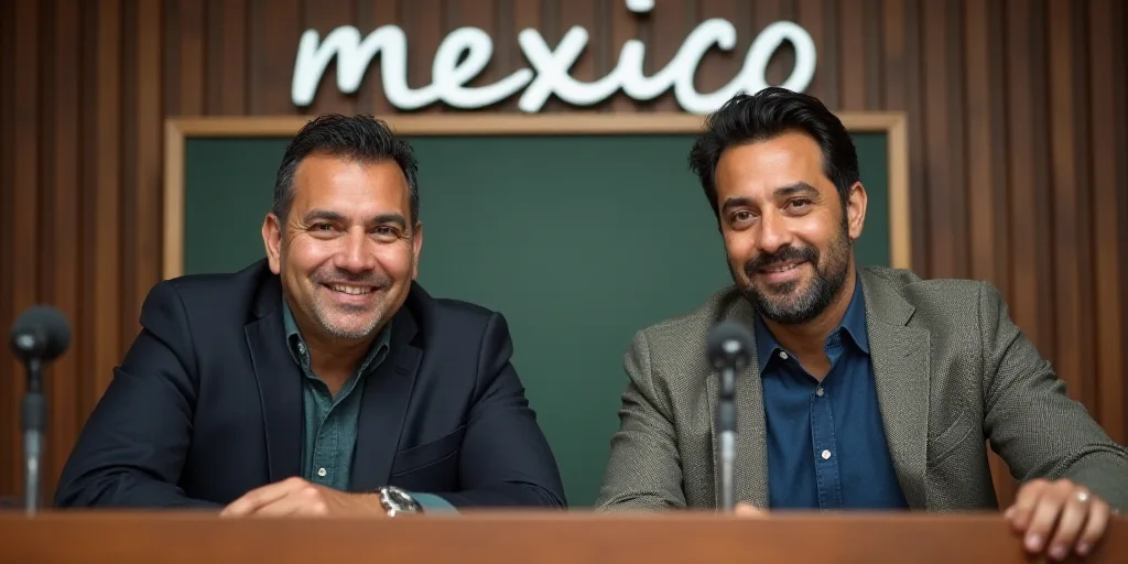 two men sitting at a table with a microphone in front of them and a sign behind them that says mexic