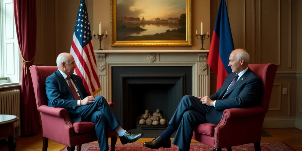 two men sitting in chairs in a room with flags on the wall and a fireplace in the background with a