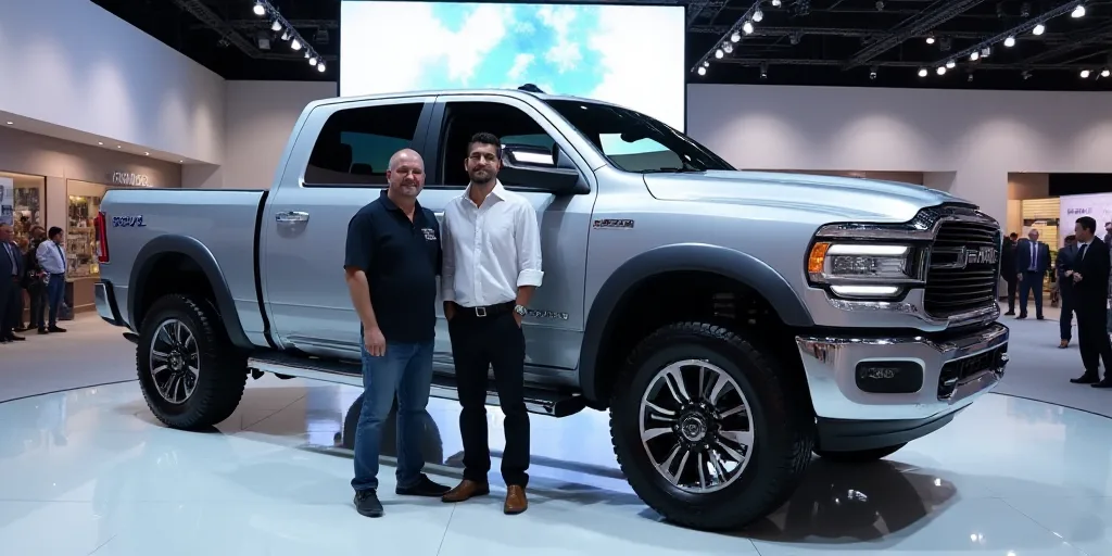 two men standing next to a silver truck on display at a showroom with a large screen behind them, Ar